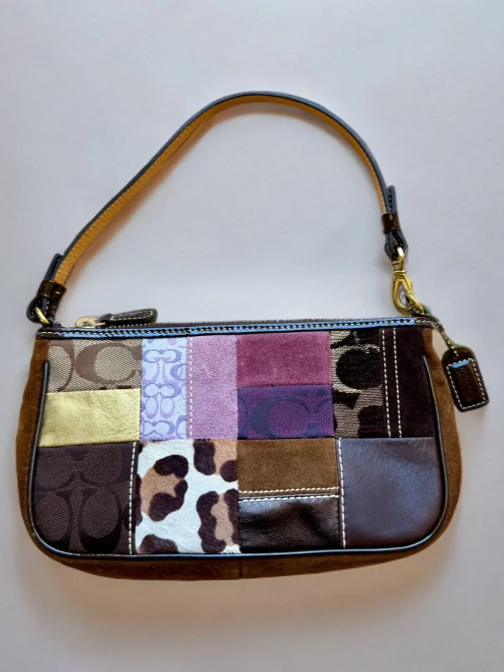 Coach Purple Leopard Demi Patchwork Shoulder Bag